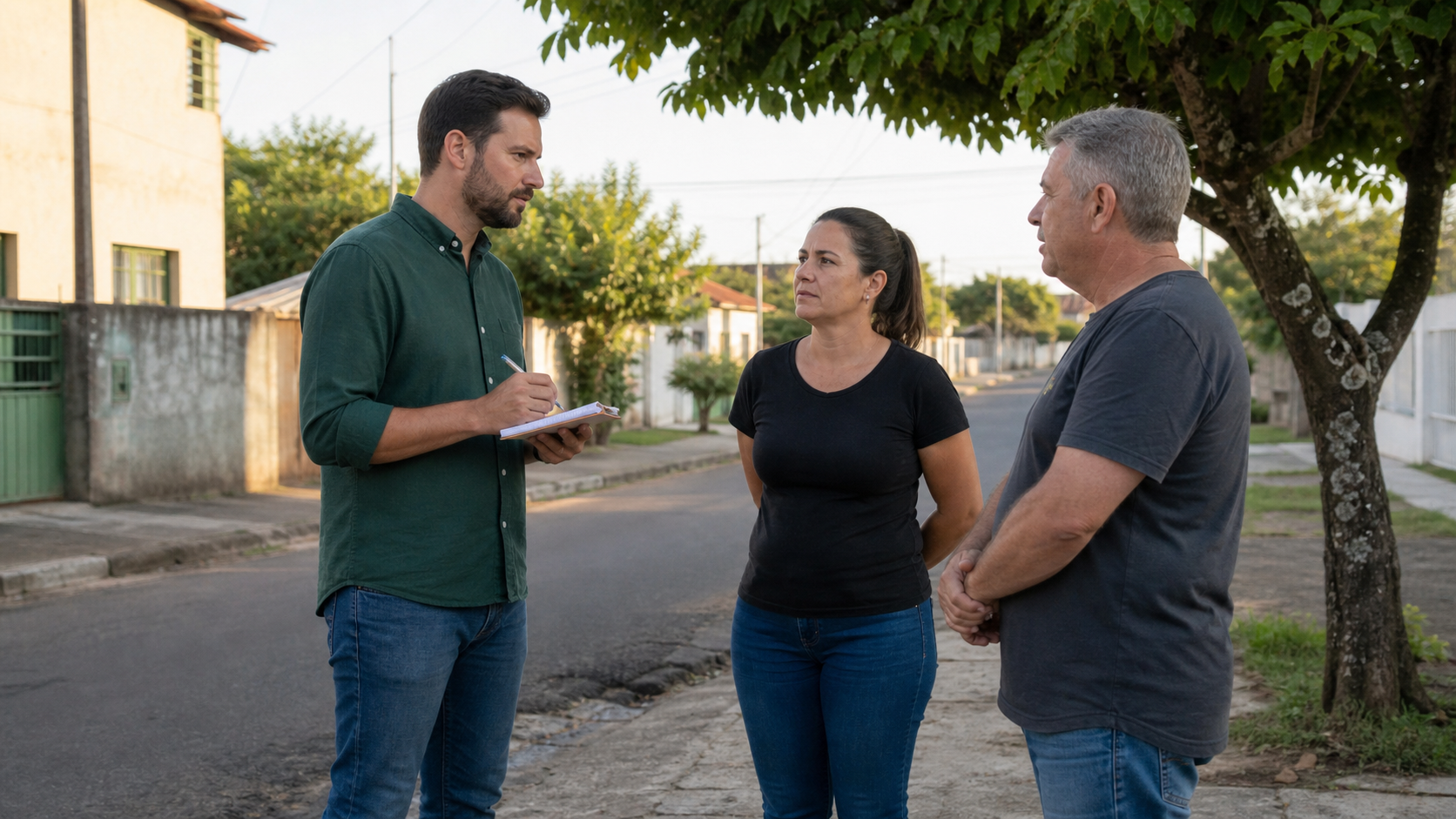 Representante público fictício conversa com moradores durante visita a um bairro